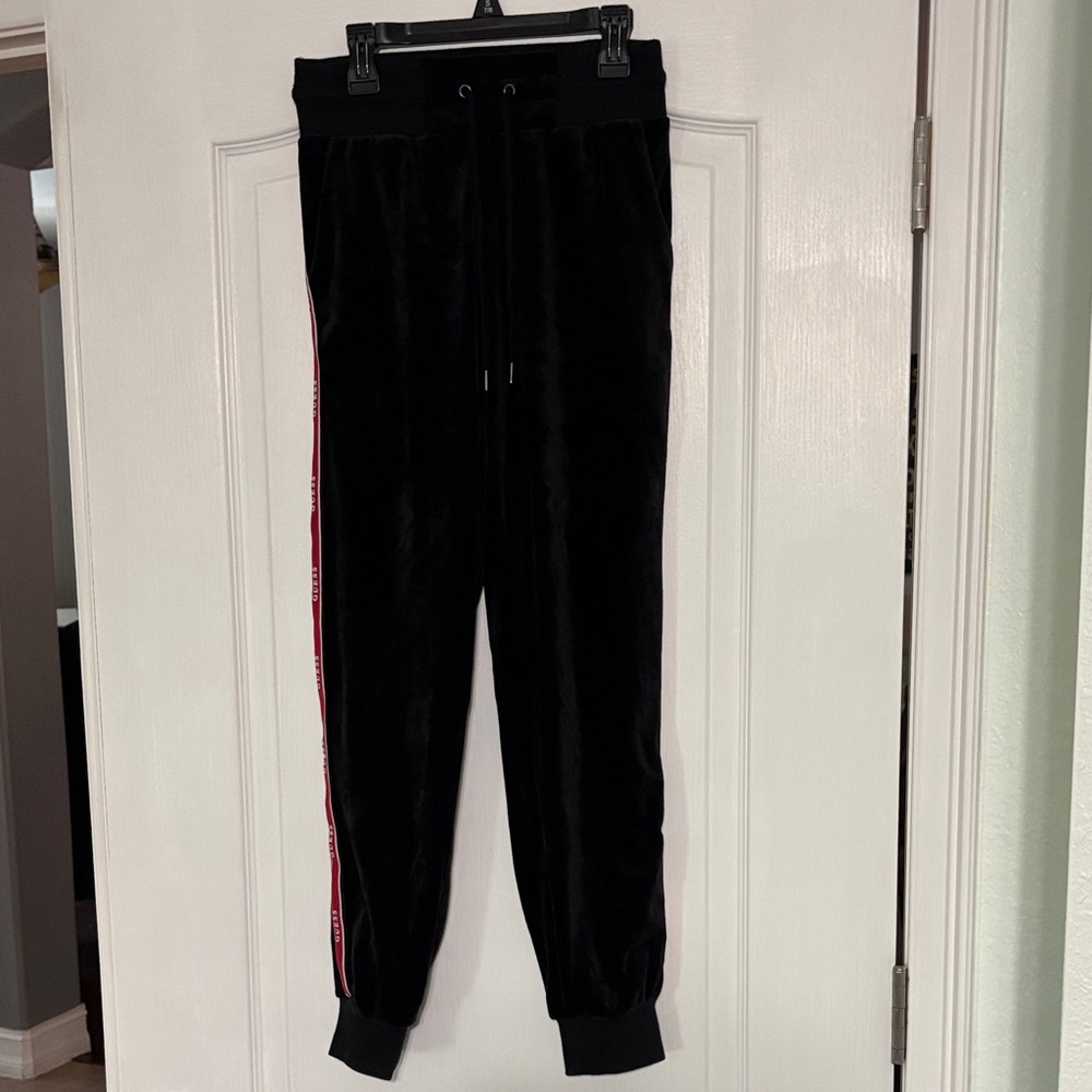 Guess Black Velour Joggers with Red Stripes